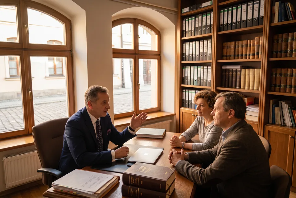 Adwokat rozmawia z klientami w kancelarii