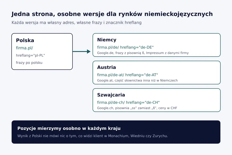 Schemat wersji językowych strony dla Polski, Niemiec, Austrii i Szwajcarii z adresami i znacznikami hreflang