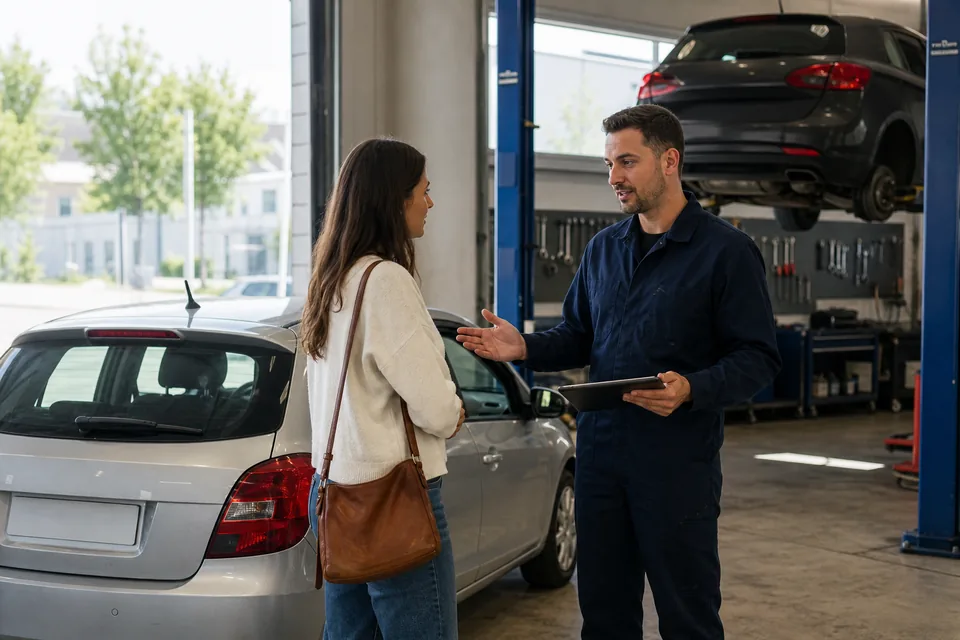 Mechanik przyjmuje samochód klienta przy otwartej bramie warsztatu